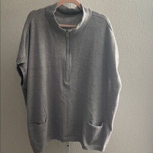 Women’s Gray Half-Zip Poncho Sweater with Front Pockets